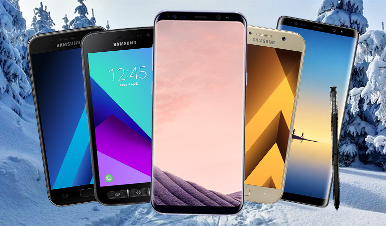 Mange Samsung-mobiler opptilt for et vinterlandskap